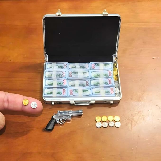1:6 Scale Miniature Briefcase Set - Includes Fake Gold Bars, Bundles of $100 Mini Dollar Bills, Vintage Coins and Mini Weapons - Unique Adult NoveltyToy & Dollhouse Accessories (Silvery)