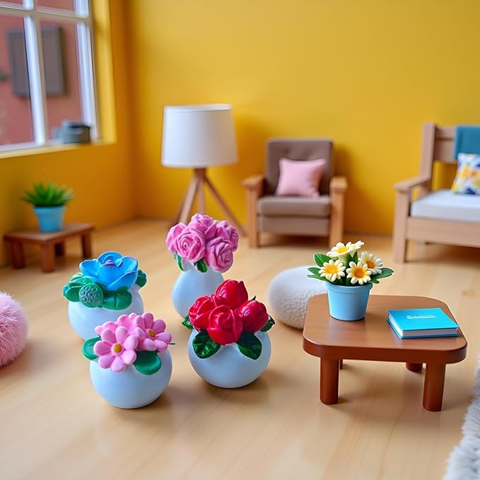 8-Piece Mini Artificial Flowers and Plants – Tiny Dollhouse Greenery Set with Roses, Tulips, Sunflowers & Lilies, Fake Bonsai Ornaments for Crafts, DIY Decorations, Home & Fairy Garden Display