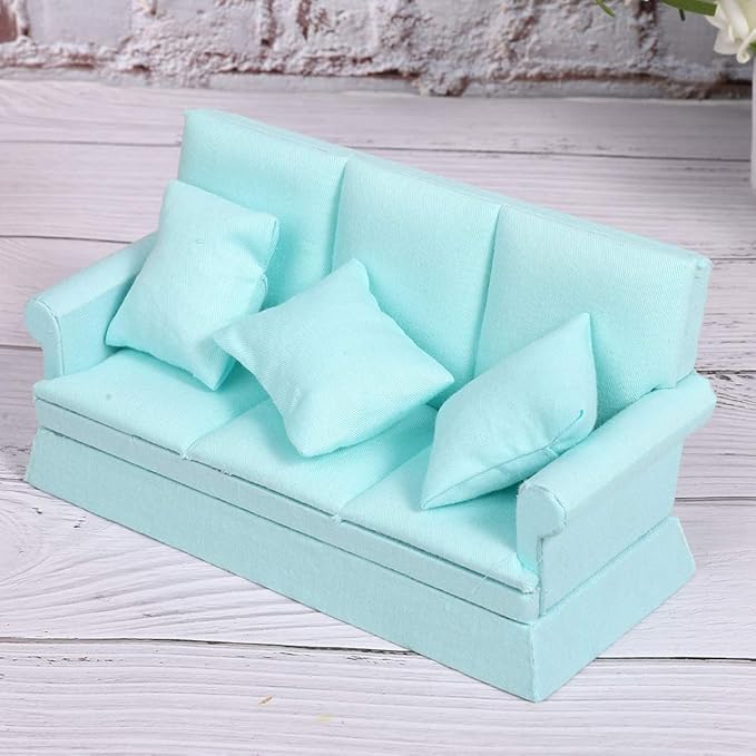 Dollhouse Furniture 1 ：12 Scale Couch Doll House Mini Sofa with 3Pcs Pillow Living Room Furniture Wooden Doll House Decoration Accessories (Lake Blue)