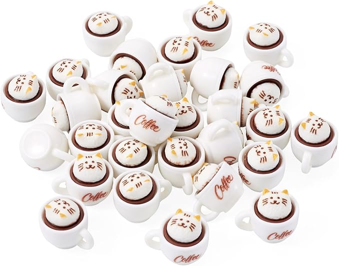 Cheriswelry 35Pcs Mini Resin Coffee Cups Food Drinks Miniature Dollhouse Accessories Cute Cat Coffee Mug Ornament 17.5x23mm for Kitchen Play Tableware Party Decoration