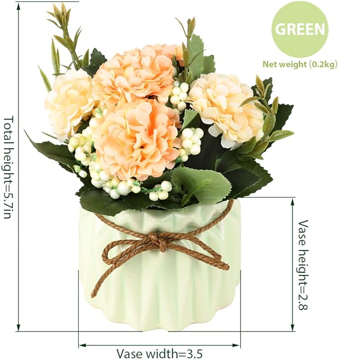 SUPNIU Artificial Hydrangea Bouquet with Small Ceramic Vase Fake Silk Variety Flower Balls Flowers Decoration for Table Home Party Office Wedding (Green)
