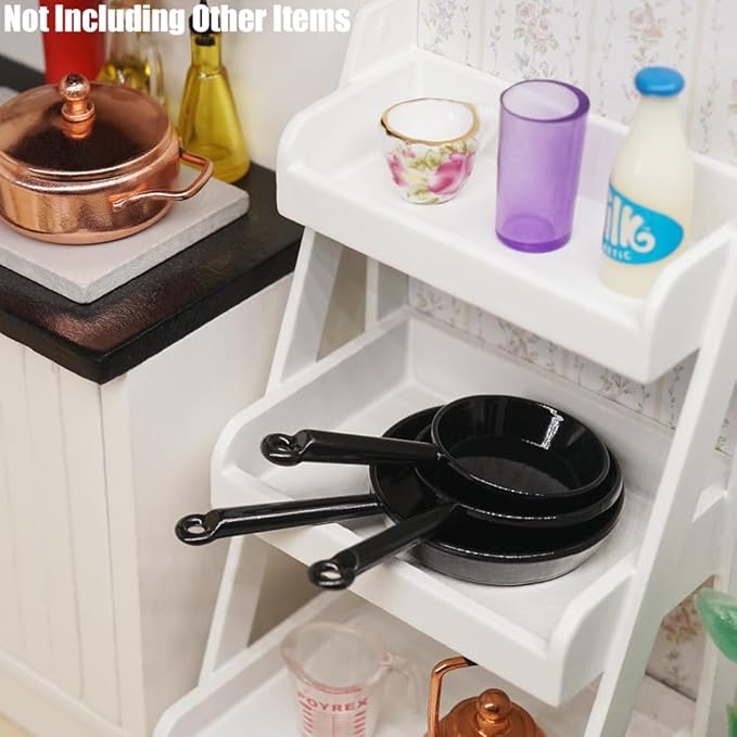 Odoria Dollhouse Frying Pan Miniature: 1/12 Scale Skillet Cookware for Kitchen Restaurant - Mini Kitchenware Cooking Utensils Metal Black 3Pcs