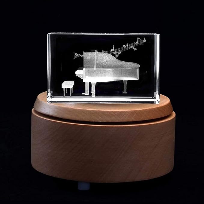 XINDAM 3D Piano Paperweight Laser Etched in Crystal Glass Cube for Graduation Christmas Birthday Valentine's Day (Included LED Base)