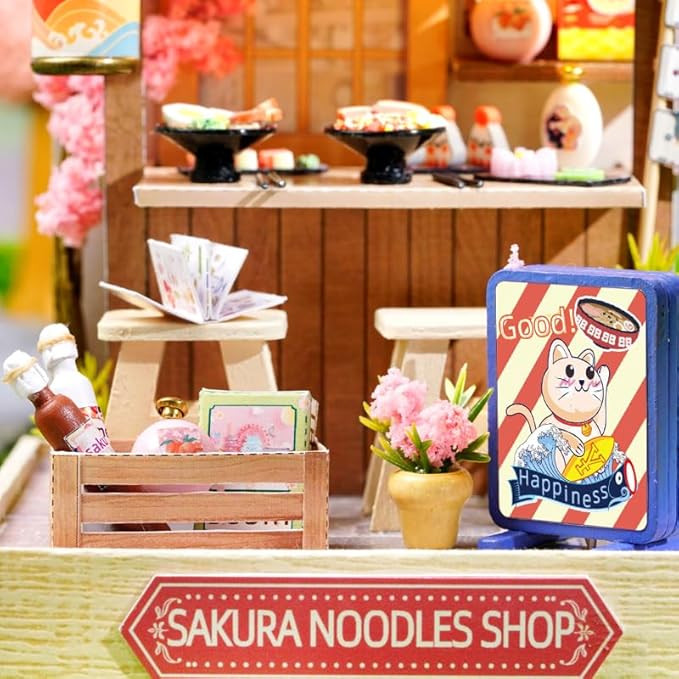 CRIOLPO DIY Miniature Doll House Kit with Furniture, DIY Doll House Miniature Wooden House Kit, Inventive Room, Wooden Dolls House, Ideal for Craft Enthusiasts - Sakura Noodle House