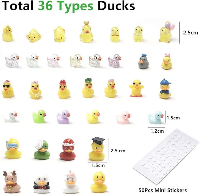 36 Types Multicolor Mini Resin Ducks, Plastic Tiny Ducks to Hide Prank, Little Ducks Mini Figures for Fairy Garden, Dollhouse,Terrariums, Potted, Miniature Landscape Ornament