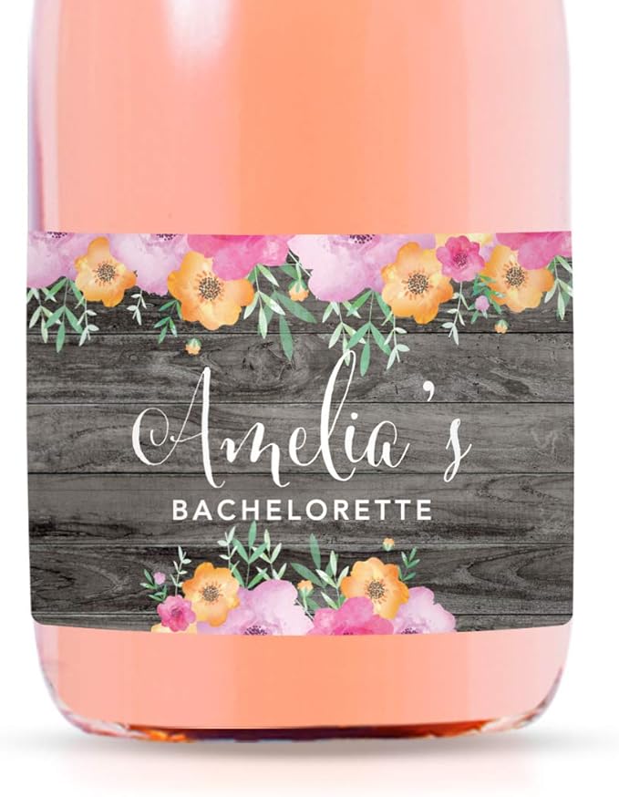 Andaz Press Personalized Mini Champagne Wine Bottle Labels, Amelia's Bachelorette, Location, Rustic Gray Wood Floral Flowers, 20-Pack, Custom Mini Champagne Favor Gift Stickers