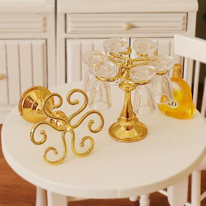 6pcs Mini Wine Glasses and Miniature Dollhouse Accessories - 1/12 Scale Accessories with Mini Wine Bottles for Doll House Girls &Women(Golden Color)