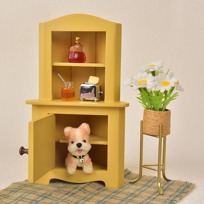 Miniature Dollhouse Closet 1:12 Scale Wooden Dollhouse Corner Cabinet for Mouse Hole Farm House - Birthday Gift for 3+ Year Old (Yellow)