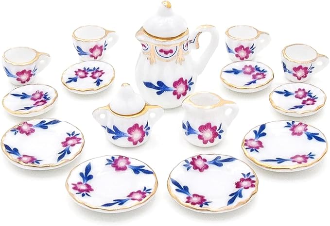 Odoria 1/12 Miniature Porcelain Tea Set 15Pcs Dollhouse Decoration Accessories, Purple Blossom