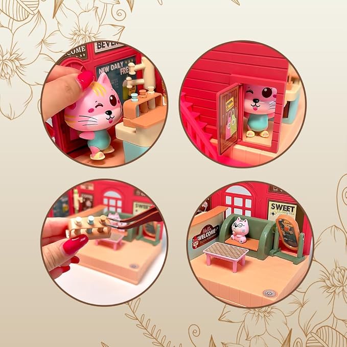 Koko's Cat Town DIY Miniature House Kit,Tiny House Cafes Building Kit,Dollhouse for 3 and up, Dollhouse Building Kit with Cats,Cat Toys Gift for Teens Kids Ages 3+