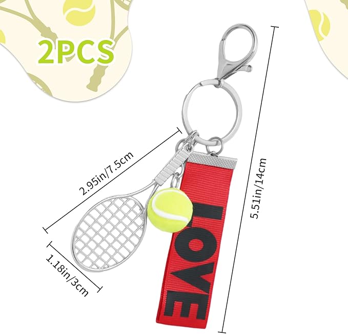Gallipower 2 Pcs Tennis Ball Keychain,Color Mini Tennis Racket With Ball Keychains Key Ring,Cute Tennis Racket Balls Keychain Baseball Keychains For Women Men Gifts(Red+Blue)