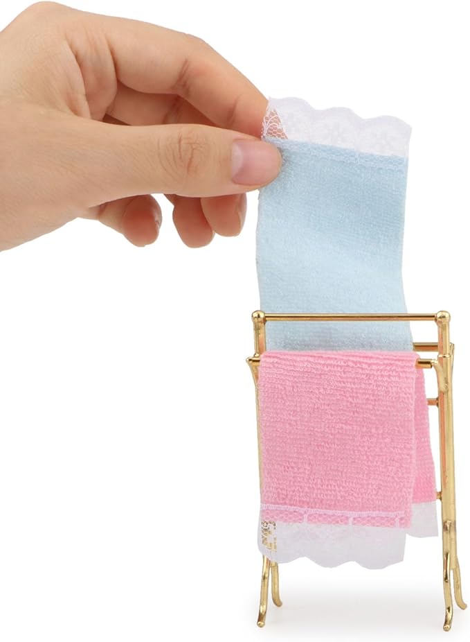Dollhouse Towel Rack 1/12 Miniature 2PCS Towels & Rail Set for Dollhouse Bathroom Accessories