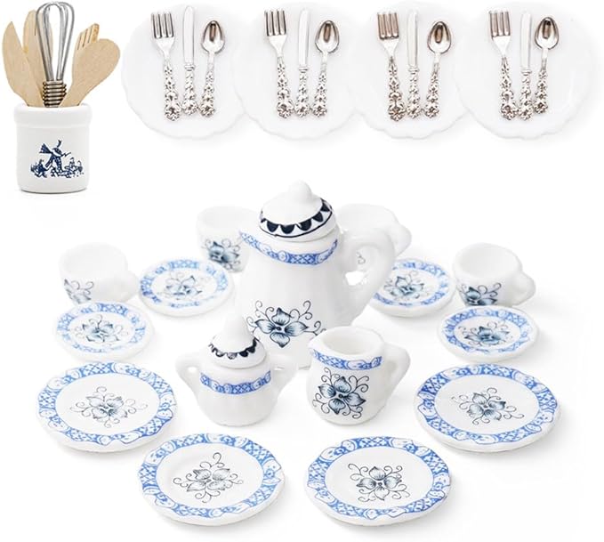 Odoria 1/12 Miniature Porcelain Tea Set Plates and Silverware Kitchen Utensils Dollhouse Accessories, Blue Petals