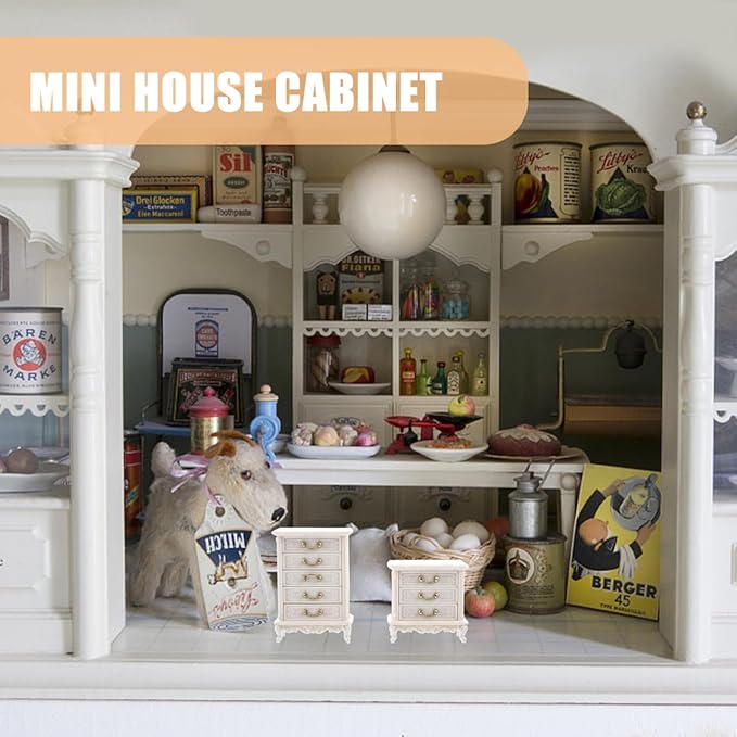 2pcs Miniature Dollhouse Cabinet Set - Wooden Mini Doll House Furniture for Model Accessories Tabletop Decor Props White
