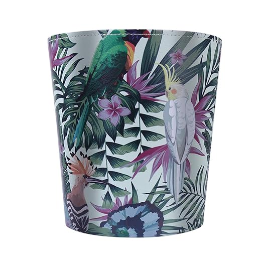 Scakbyer 10L/2.64 Gallon Trash Can, Decorative Waste Basket, PU Leather Waste Paper Basket, Waterproof Garbage Can for Bathroom, Bedroom, Office, Kitchen and Living Room - Green and White Bird