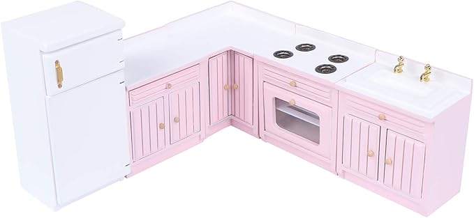 Haomian Dollhouse Kitchen Furniture Kit 1:12 Dollhouse Miniature Wooden Kitchen Cabinet Fridge Set Dining Room Furniture for 1:12 Doll House Miniatures Scenes Accessories