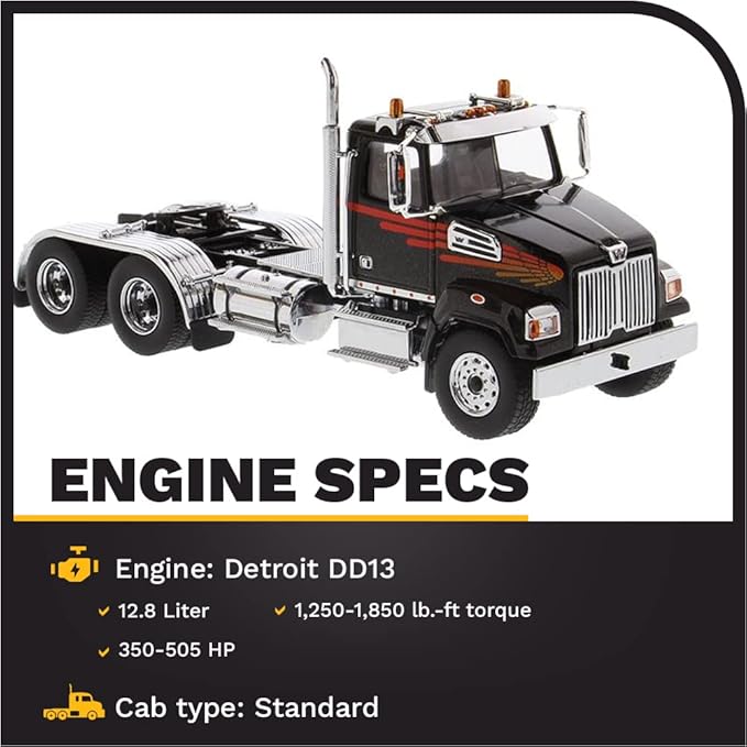 Diecast Masters Western Star 4700 SF Tandem Truck-Tractor - Metallic Black | Real Truck Specifications 1:50 Scale Model Semi Trucks by 71036