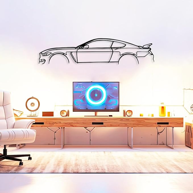 Shelby GT350 Model Silhouette Metal Car Wall Art, Sports Car, Automotive Silhouette Line Decoration, Minimalist Sculpture for Garage, Man Cave, Wall Hanging, Gift for Boyfriend and Car Lovers (Black - 20 x 4.5” inch)