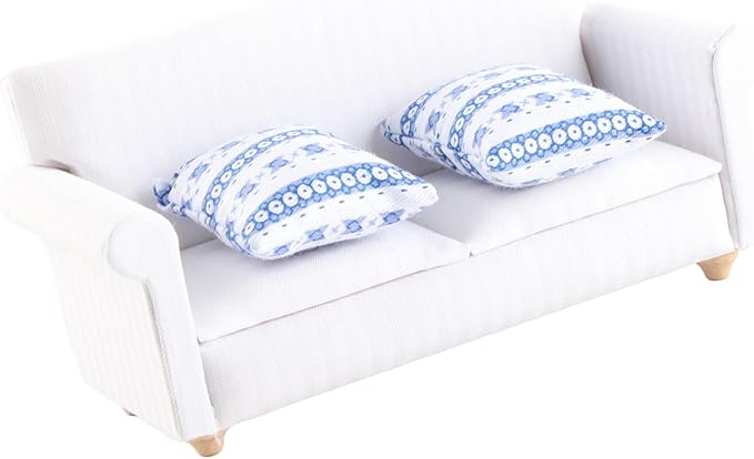 Miniature Sofa for Dollhouse 1/12 Scale, Wooden Double Sofa Set with Cushions - Dollhouse Furniture Living Room Bedroom Decoration Accessories