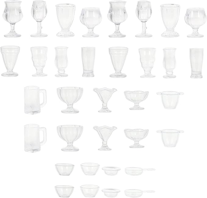 34pcs Miniature Cups 1/17 Dollhouse Miniature Wine Glass Drink Cups Set Miniature Ice Cream Cup Drinking Glasses Dollhouse Kitchen Accessories