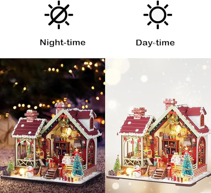 2025 New Christmas Miniature House Kit, DIY Mini Dollhouse Making Kits with Music and Led Light, Tiny House Kit to Build for Adults, Hobby Craft Gift for Christmas Day, Snowy Night