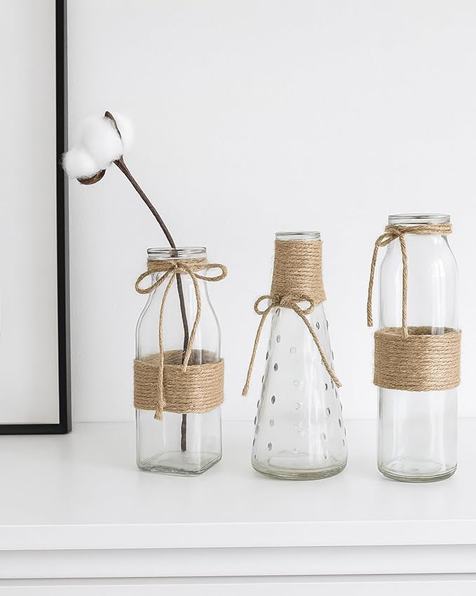 10Pcs Small Glass Vases Set - Clear Mini Bud Vases with Twine Ropes, Vintage Farmhouse Style for Flower Arrangements, Centerpieces, Wedding, Home and Table Decor