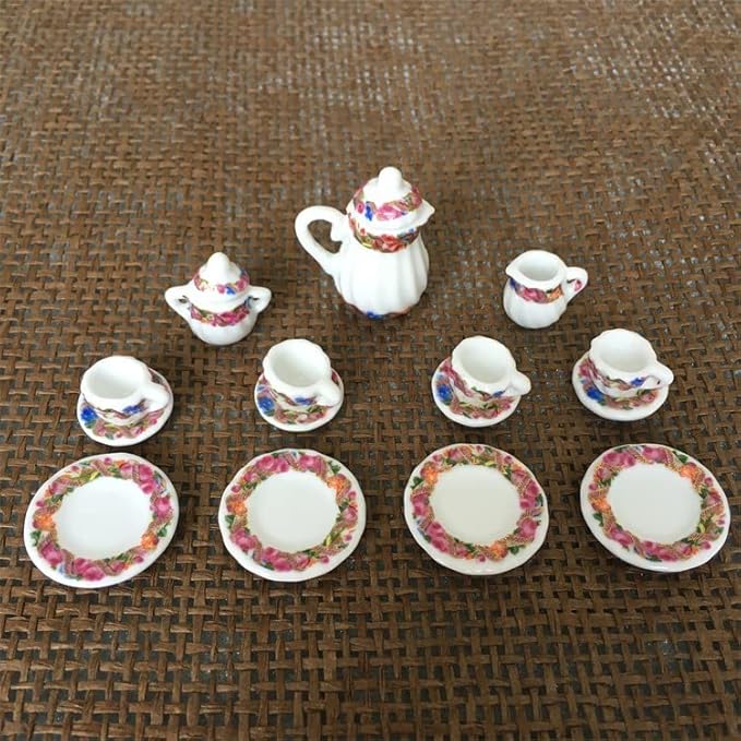 Dollhouse Decoration Accessories, 1:12 Dollhouse Miniature 15 Pcs Porcelain Tea Sets Mini Food Toy Model (I)