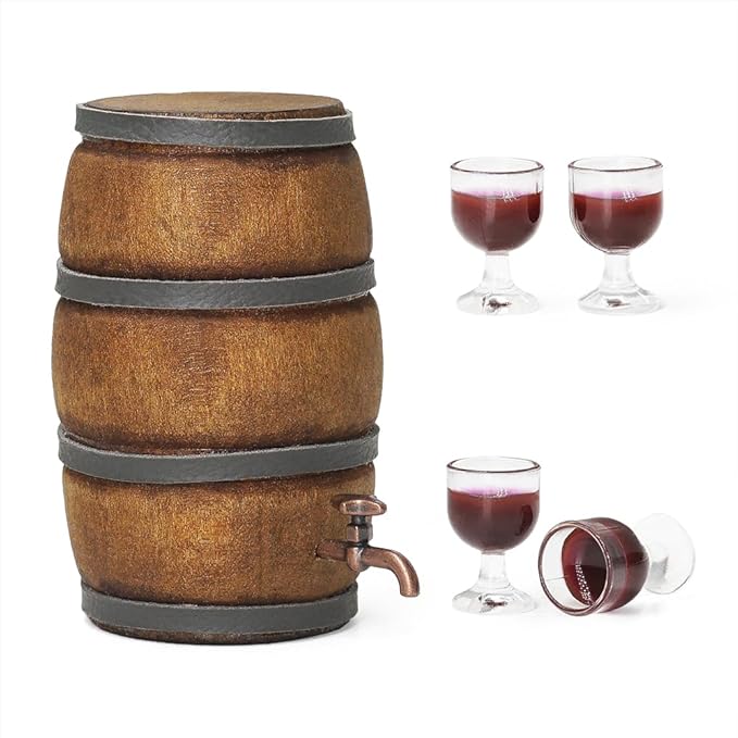Odoria Dollhouse Wine Barrel and Glasses: 5Pcs 1/12 Scale Miniature Aging Barrels for Rustic Garden Retro Farmhouse Vintage Restaurant Bar Kitchen - Mini Drinking Liquor Alcohol Props DIY for Craft