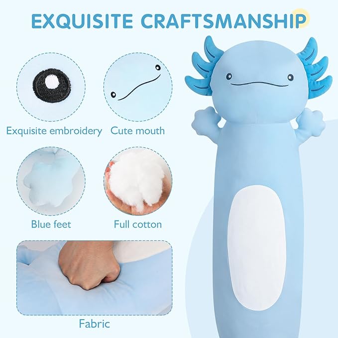 44 inch Cute Giant Blue Axolotl Plush Soft Body Pillow, Large Axolotl Stuffed Animals Toy, Squishy Plushies Gifts for Kids Boys Girls Birthday