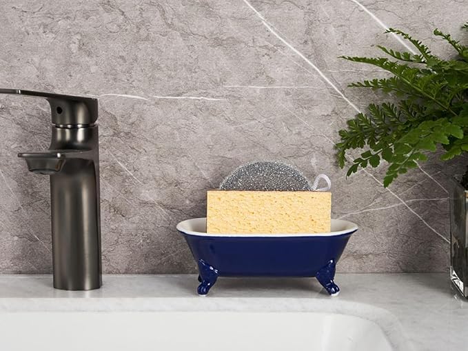 NEWHENGS 6.5" Ceramic Mini Decorative Clawfoot Bathtub Bar Soap Dish, Kitchen Sponge Holder and Shower Tray for Bathroom, 1 Pack(Navy Blue)