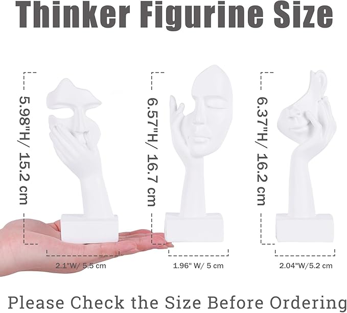 oliruim 3 Pcs Thinker Small Statue Set - White Art Abstract Home Accent Figurines for Decor Woman Apartment Bookshelf Floating Shelf Coffee Table Office Desk Bathroom Counter Decor (3 Pcs White, 6")
