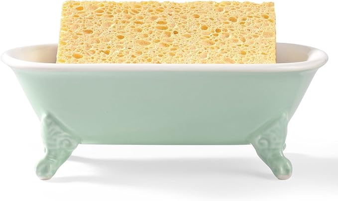 NEWHENGS 6.5" Ceramic Mini Decorative Clawfoot Bathtub Bar Soap Dish, Kitchen Sponge Holder and Shower Tray for Bathroom, 1 Pack(Bright Teal)