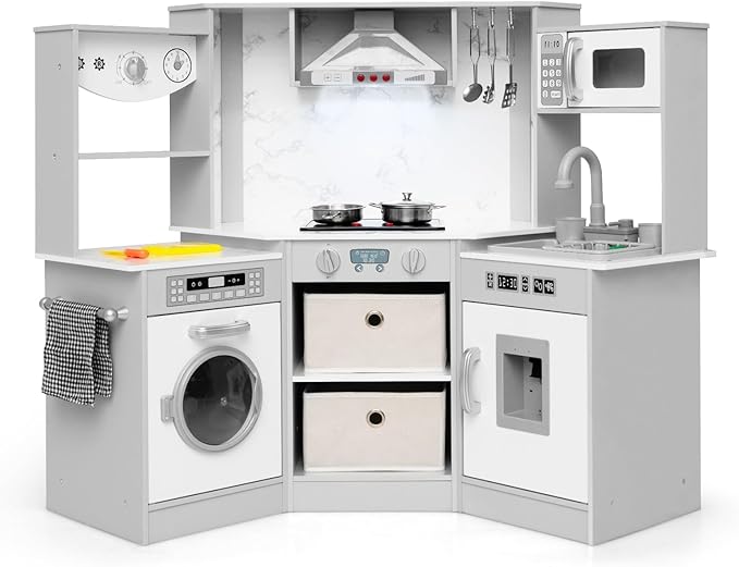 INFANS Corner Kids Kitchen Playset, Toddler Wooden Pretend Cooking Set with Real Running Water Circulation Realistic Light Sound Stove Storage Cabinet Removable Sink Simulation Play Kitchen Toy