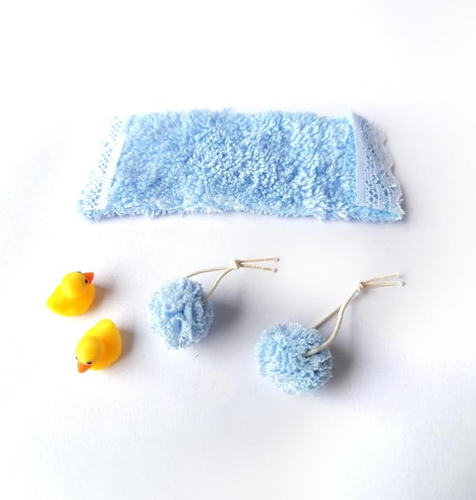 Miniature Bathroom Decor Set, Dollhouse Miniatures Bath Ball, Towel, & Yellow Duck, 1/12 Scale Accessories (Blue)