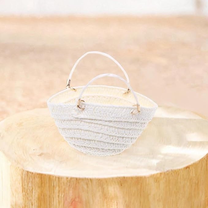 RCULWPLP 1/12 Scale Dollhouse Woven Handbag, Miniature Furniture Accessory, DIY Play Item, Tiny Basket, White