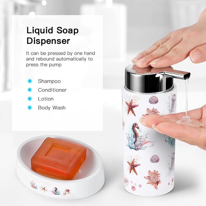 OTOSTAR Bathroom Accessory Set 8 Pcs Ocean Bathroom Accessories Set Luxury Bath Set with Trash Can Soap Dispenser Toothbrush Holder Tumbler Soap Dispenser Toilet Brush Holder Qtip Holder (Seahorse)