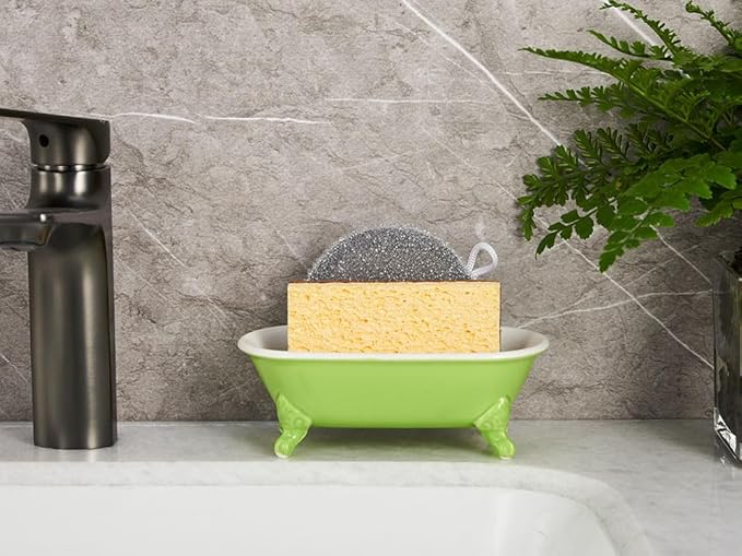 NEWHENGS 6.5" Ceramic Mini Decorative Clawfoot Bathtub Bar Soap Dish, Kitchen Sponge Holder and Shower Tray for Bathroom, 1 Pack(Lime)