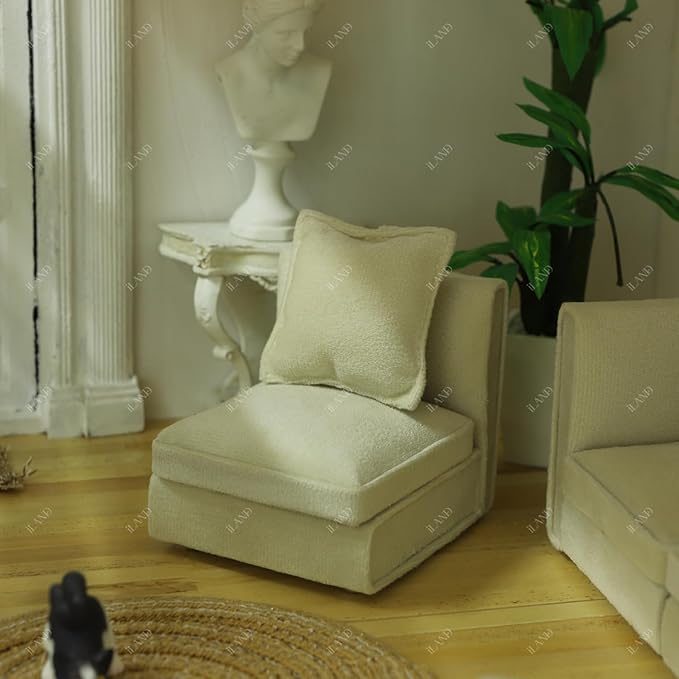 iLAND Dollhouse Furniture Miniature Sectional Couch Set Fit 1/12 Scale Accessories for Doll House Décor and 3 to 6 inches Doll Figure, Modern White Velvet Sofa Elegant & Classic