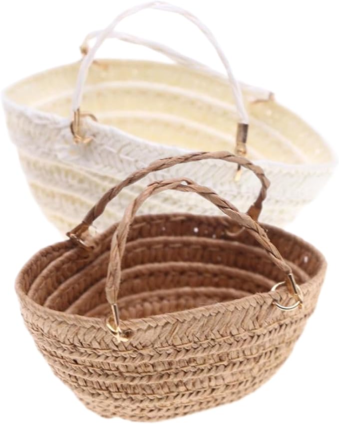 Xweptuy 2Pcs Miniature Handbag, Simulation Mini Straw Bag, Natrual Woven Dollhouse Miniature Tote Bag