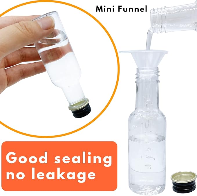 Mini Liquor Bottles, 30 Pack Airtight Plastic Spirit With Black Cap, 1.7oz Empty Alcohol Shot With 10 Funnels, Miniature for Weddings, Parties