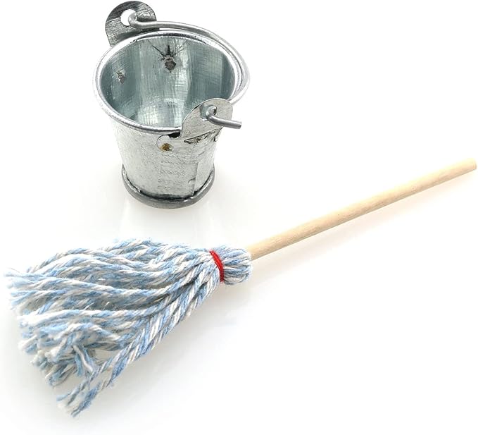 TAODAN Mini Cleaning SetFloor Mop with Galvanized Bucket 1Set Miniature 1:12 Scale Fairy Garden Furniture Retro Vintage Mop with Bucket Dollhouse Miniature Doll Furniture Accessories Gifts