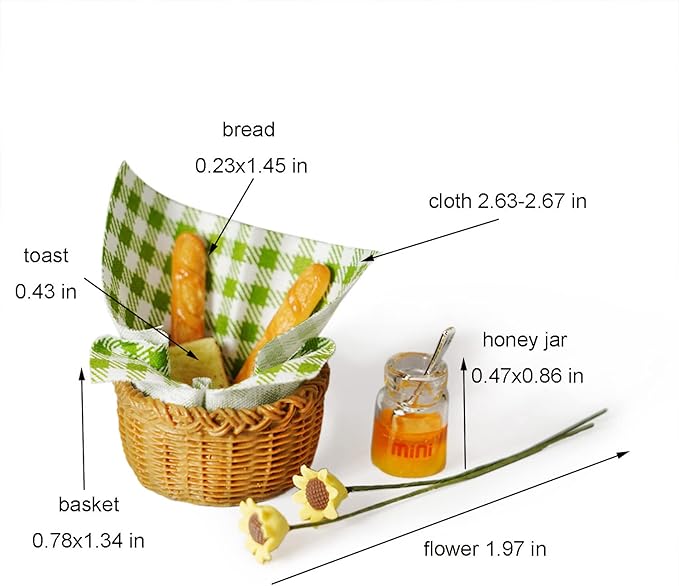 Miniature Food Dollhouse Accessories Garden Decor 1:12 Scale Bread Honey Picnic Basket Cloth Flowers 9PCS Garden Decoration Mini Room Display Props Model (Red Picnic Cloth)