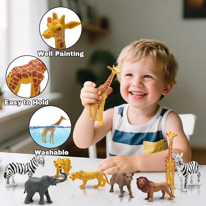 Safari Animals Figures, Plastic Zoo Animals Toys for Toddlers 3, Realistic Jungle Animal Figurines for Kids 3-5, 12Pcs Wild African Toys Birthday Gifts Christmas Stocking Stuffers
