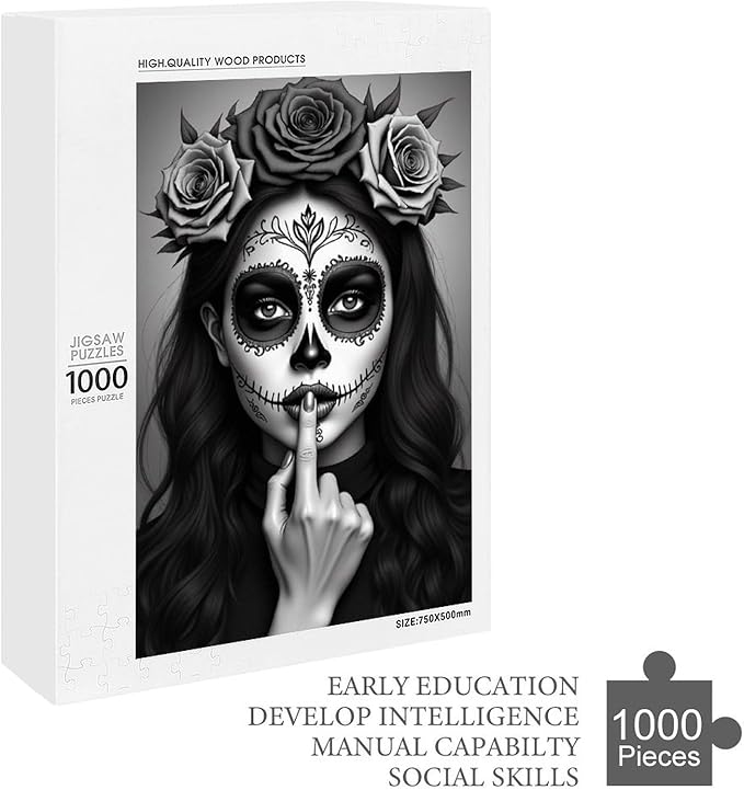 Jigsaw Puzzles for Adults 1000 Piece - Gorgeous Sugar Skull Lady Day of The Dead Wooden Puzzle,Family Puzzles，Educational Games，Challenge Puzzles Puzzle Games,Stress Relief Games