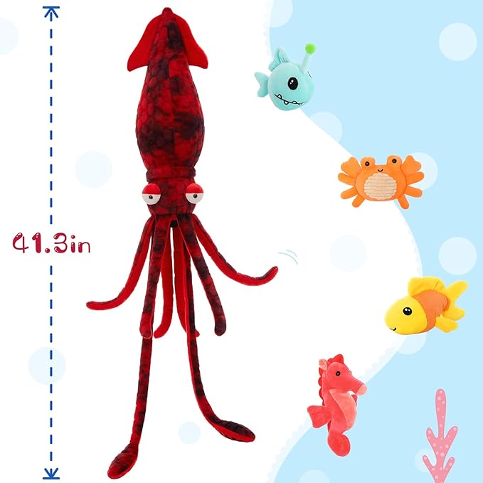 5Pcs Giant Squid Stuffed Animal with 4 Sea Animal Plush Toy, Clownfish Crab Seahorse Angler Fish Baby Stuffed, 41.3" Squid Plush for Boys Girls Kids, Ocean Theme Party Decor