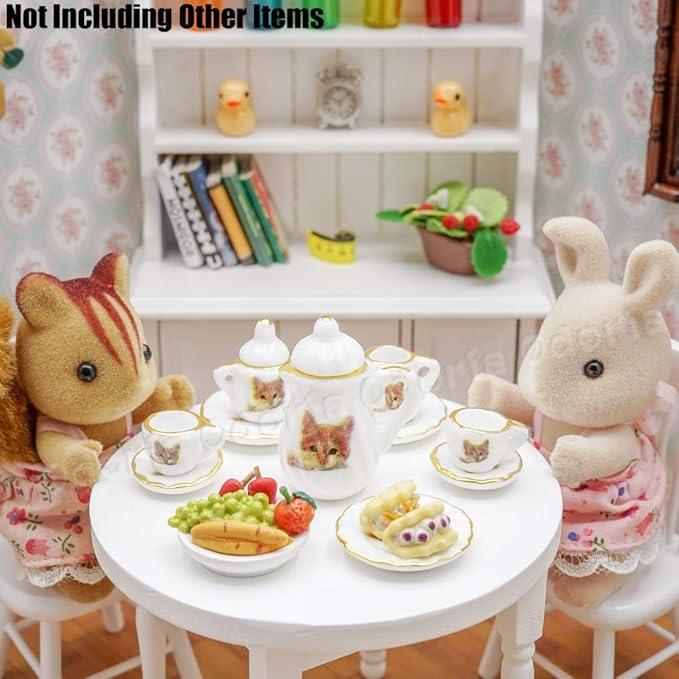 Odoria 1/12 Miniature Porcelain Tea Set 15Pcs Dollhouse Decoration Accessories, Cat
