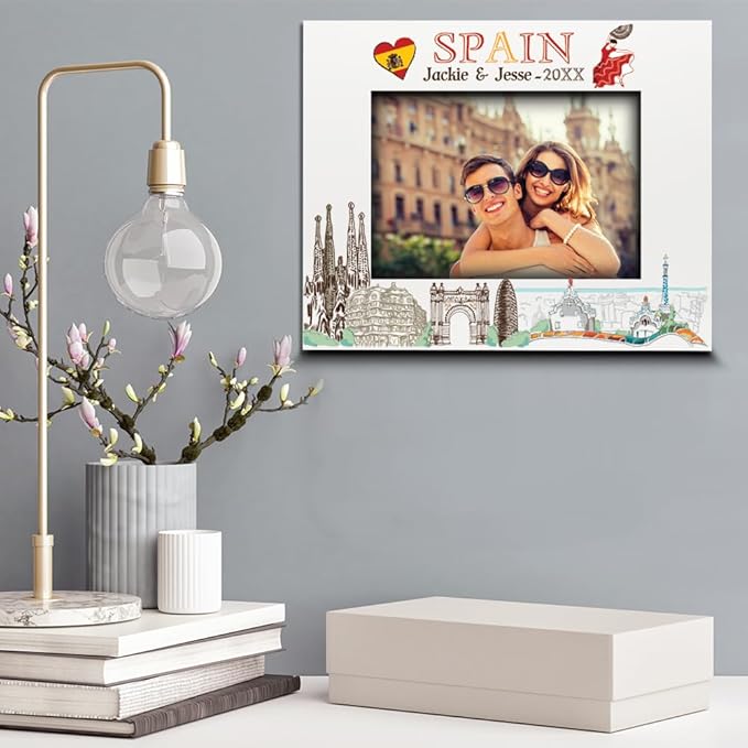 BELLA BUSTA-Personalized Europe Travel Picture Frame– Custom Spain Photo Frame with City & Country-Honeymoon, Vacation, Adventure, Favor Keepsake (Spain (Horizontal))
