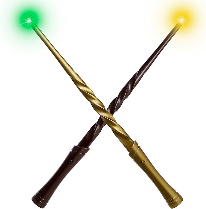 KingGlee Light Up Wizard Magic Wand Set with Sounds & 4 Light Modes – Illuminating Witch Wands for Kids Cosplay Birthday Gift, 2PCS, Brown & Golden