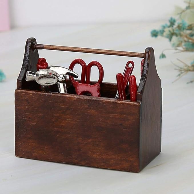 Doll House Toolbox,Eecoo Miniature Tool Box Wooden Toolbox Model for 1/12 Doll House Accessories with 8PCS Metal Tools Set