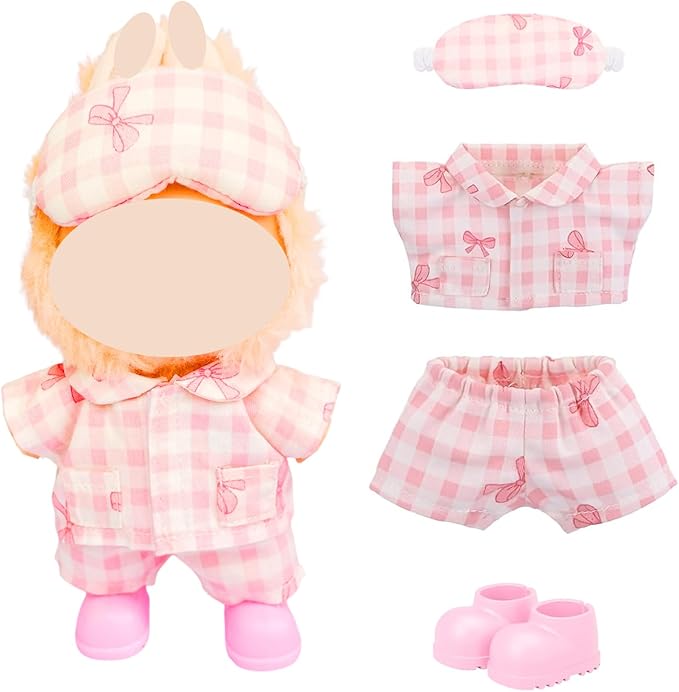 Girl's Doll Bedding & Pajama Set, 7-Piece Plush Doll Bed with Cherry Print Comforter Pillow and Bow Pajamas with Eye Mask Accessories for 17cm Dolls